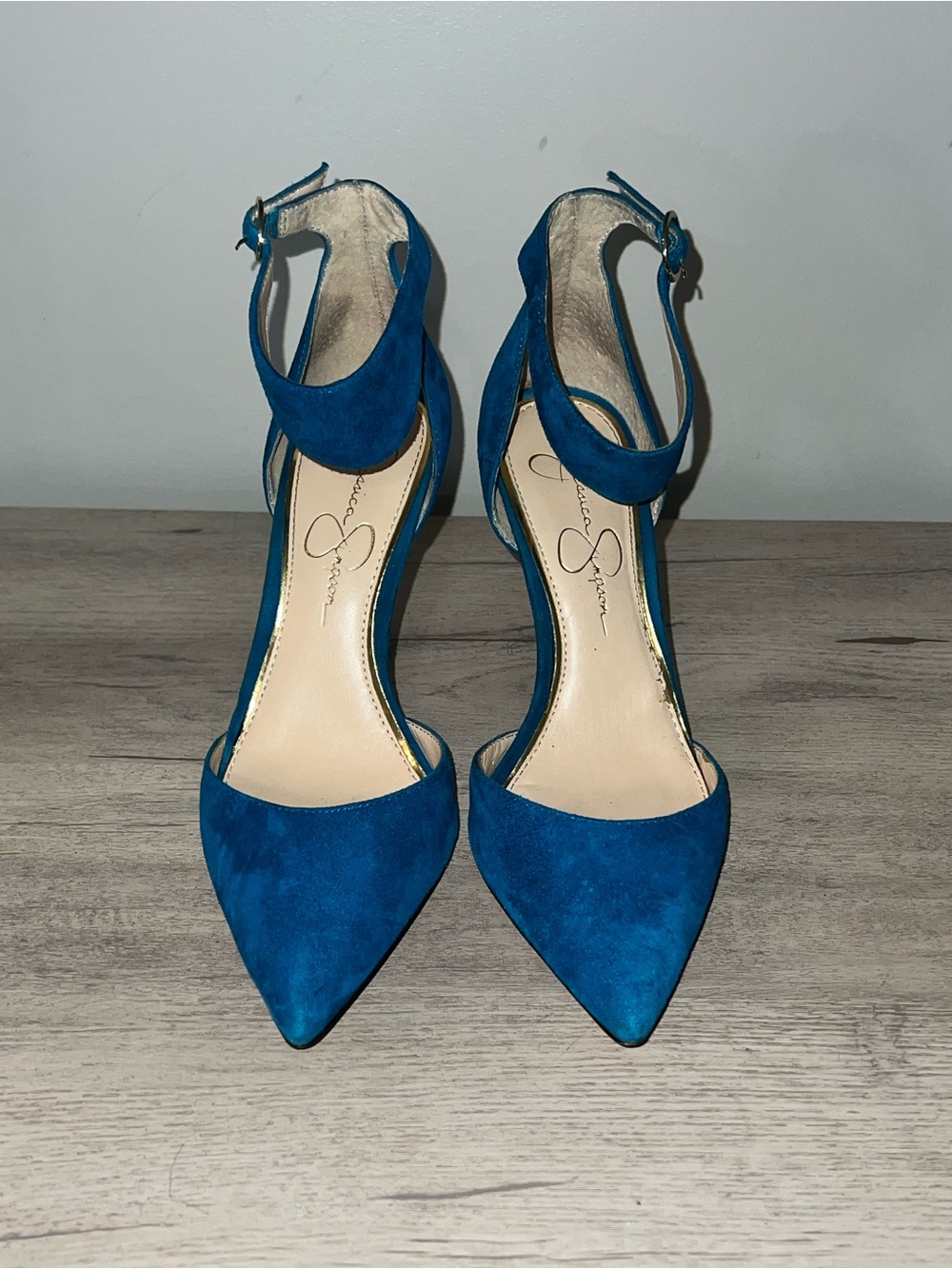 Jessica Simpson Blue Suede Pointed-Toe Ankle-Strap Heels